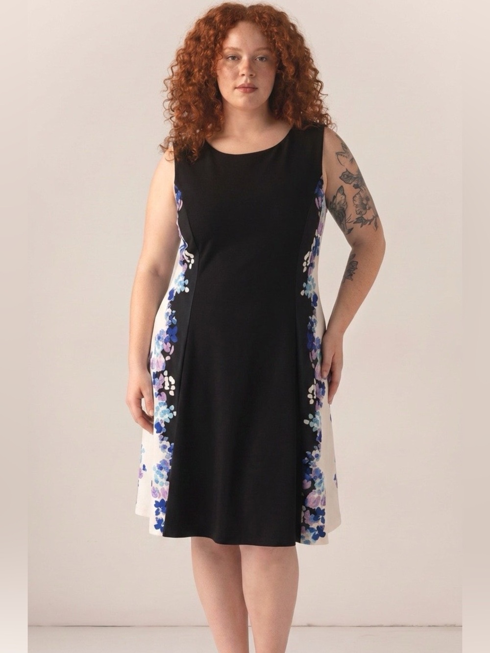 DKNY Black Midi Dress with Blue & Purple Floral Side Panels